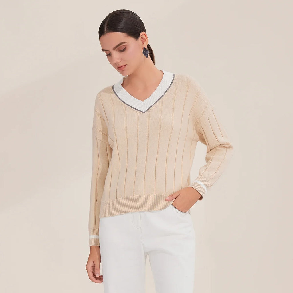 BY4521246 Women's V-Neck Long Sleeve Ribbed Sweater 100% Cotton Casual Knitted Pullover Fall Fashion 2025